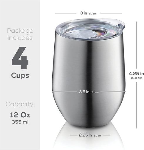 Triple Insulated Wine Tumbler With Lid (4 Pack) 12oz Stainless Steel Wine Glass Set- Insulated Tumblers Keep Drinks Hot & Cold for Outdoors, Beach, Picnics- Unbreakable Wine Glasses With BPA Free Lids