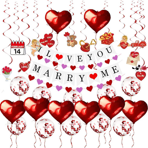 Proposal Decorations for her, I Love You Banner, Merry Me Banner,Valentines Day Decor, 2 Glitter Red Heart Garland, Red Heart Foil Balloon, Confetti Balloons