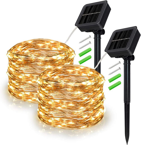Outdoor Solar String Lights, 2 Pack 33FT 100LED Waterproof Solar Powered Fairy Lights Warm White, 8 Modes Solar Copper Wire Fairy Lights for Xmas, Patio, Yard, Tree, Garden, Wedding, Party, Lawn