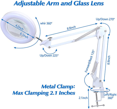 Magnifying Glass with Light and Stand, 10X Hands-Free Magnifier Double Gooseneck Magnifier 2 in 1 Clamp Table & Desk Magnifier with Phone Clip, Chip Clip Great for Reading, Hobbies, Crafts (5X White)