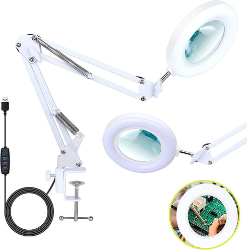 Magnifying Glass with Light and Stand, 10X Hands-Free Magnifier Double Gooseneck Magnifier 2 in 1 Clamp Table & Desk Magnifier with Phone Clip, Chip Clip Great for Reading, Hobbies, Crafts (5X White)