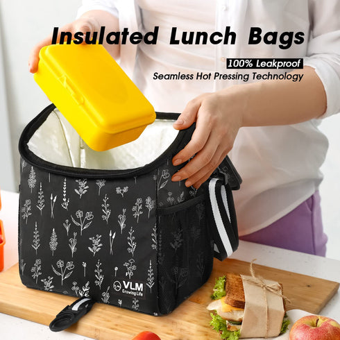 VLM Lunch Bags for Women,Leakproof Insulated Floral Lunch Box with Adjustable Shoulder Strap Reusable Zipper Cooler Tote Bag for Work,Picnic,Camping (Floral 2)