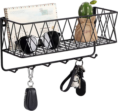 OROPY Entryway Mail Holder with Key Hooks, 14"L—4.7"W—6.5"H, Wall Mounted Matte Black Metal Wire Mesh Storage Basket with 6 Hooks, Easy to Organize Letters, Magazines, Keys, Leashes for Entryway