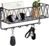 OROPY Entryway Mail Holder with Key Hooks, 14"L—4.7"W—6.5"H, Wall Mounted Matte Black Metal Wire Mesh Storage Basket with 6 Hooks, Easy to Organize Letters, Magazines, Keys, Leashes for Entryway