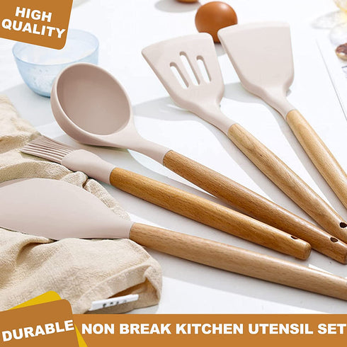 Umite Chef 36pcs Silicone Kitchen Cooking Utensils with Holder, Heat Resistant Cooking Utensils Sets Wooden Handle, Khaki Nonstick Kitchen Gadgets Tools Include Spatula Spoons Turner Pizza Cutter