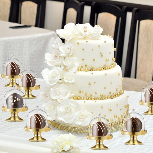 BESTONZON 12pcs Mini Cake Stand Chocolate Cupcake Candy Display Plate with Lid for Birthday Wedding Party Supplies - 8 x 6 x 6cm (Golden Base)