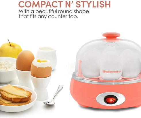 Elite Gourmet EGC007C Rapid Egg Cooker, 7 Easy-To-Peel, Hard, Medium, Soft Boiled Eggs, Poacher, Omelet Maker, Auto Shut-Off, Alarm, 16-Recipe Booklet, BPA-Free, Coral