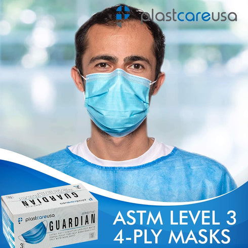 Box of 50 4-Ply ASTM Level 3 Face Masks, Disposable (Blue) by PlastCare USA