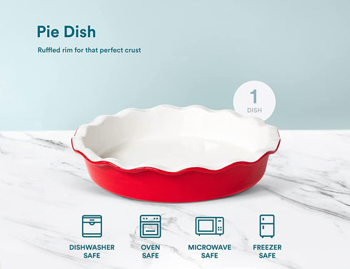 Pie Dish, by Kook, Round Pie Pan/Plate, Deep Dish, Ruffled Wave Edge, for Kitchen Cooking/Baking Dessert Dinner, 10-Inch Ceramic make, 42oz (Cherry)