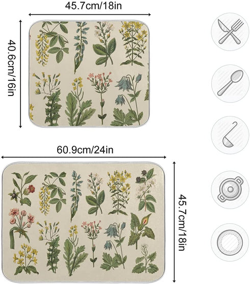 Flower Herbs Dish Drying Mat for Kitchen Counter Decor 18x24 Inch Absorbent Reversible Wild Plant Dish Mat Microfiber Drying Pad Sage Leaves Dish Drainer Rack Mats for Coffee Bar