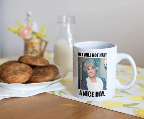 Official The Golden Girls I Will Not Have A Nice Day Mug - 20-Ounce White Ceramic Cup for Hot Coffee, Tea, Water - Best Novelty Drinkware w/ Show Logo - Features Dorothy Zbornak - Licensed Merchandise