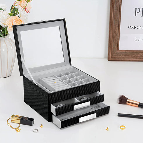 Oyydecor 3-Layer Jewelry Organizer with 2 Drawers Pu Leather Jewelry Box Organizer Display Storage case Necklace Ring Earring Storage Lockable Gift Case Gifts for Women
