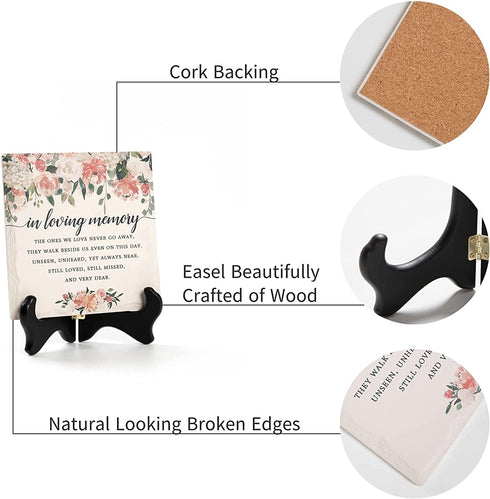 LukieJac In Loving Memory Ceramic Tile with Wooden Stand, Remembrance Sympathy Gifts for Loss of Loved One- Bereavement/Condolences/Grief Gifts-Funeral Decor Sorry for Your Loss -Flowers(3 Options)