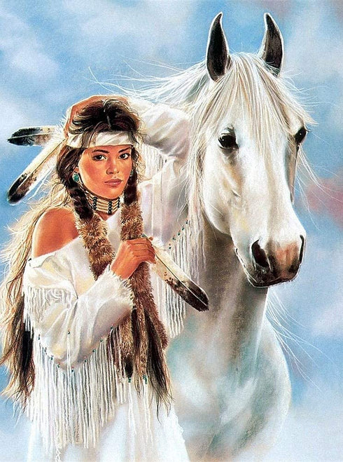 DIY 5D Full Drill American Native Indian Beauty and White Horse Square Diamond Painting by Number Kits for Adults & Children Crystal Rhinestone Cross Stitch for Wall Decoration Gift 30x40CM/12x16IN