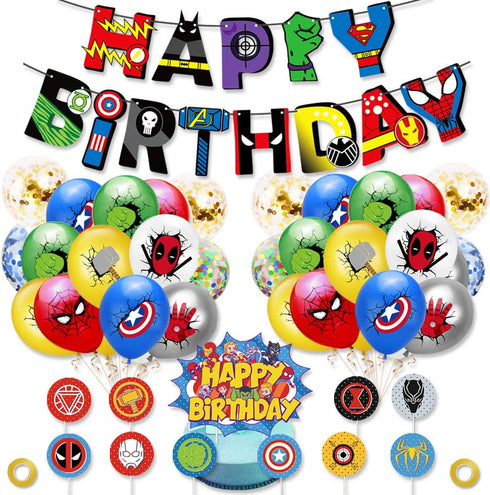 Birthday Party Supplies, Birthday Decorations for Boys Kits Include Birthday Banner, Balloons, Cake Toppers, Gold Flat Ribbon