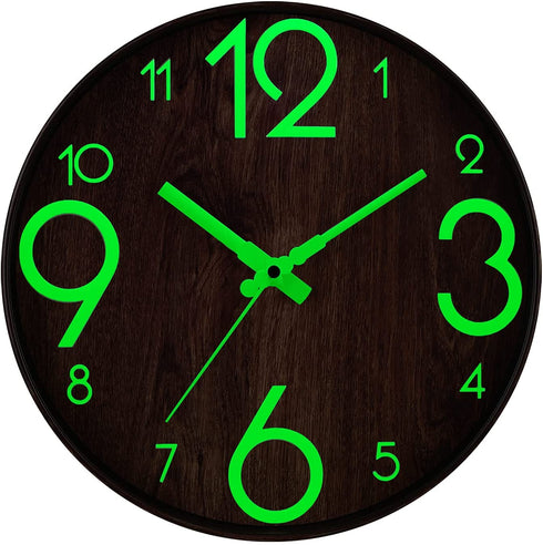Night Light Function Wall Clocks Wood Grain 12 Inch Silent Non Ticking Quartz Battery Operated Round Easy to Read Home/Kitchen/Office/School Decorative Clock