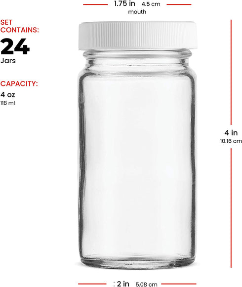 Small Glass Mason Jars 4 Ounce Mini Jars Full-Width Mouth, BPA Free Plastic Airtight Lid, For Jam, Jelly, Dressings, baby food, Crafts, Spices, Food Storage, Wedding favors, Decorating Jar (24 Pack)