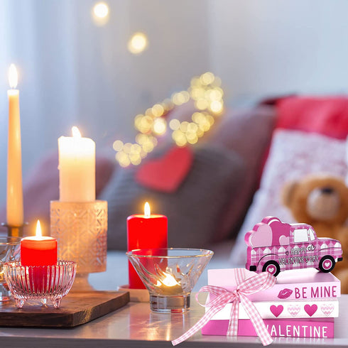Valentine's Day Tiered Tray Decorations Wooden Fake Book Decor Valentine Truck Sign Valentine's Day Table Decor Farmhouse Rustic Decor Valentine's Day Accessories for Bookshelf Table Mantle