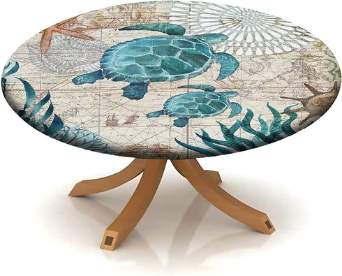 igoga sports Blue Green Ocean Animal Elastic Edge Table Cover Round, Turtle Fitted Tablecloth,Outdoor Picnic Patio Party or Indoor Canteen Dinner Dining Tables Decoration, Fits 28 to 32 inch Diameter