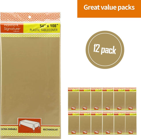 Gold Disposable Plastic Tablecloth for Rectangle Tables (12 Pack) Premium Decorative Table Cloth for Parties, Events & Weddings, Indoors & Outdoors, 54 x 108 inches, Tablecloths by Party Dimensions