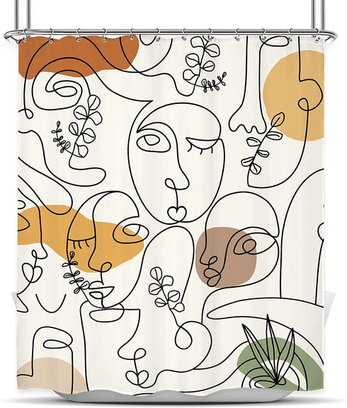 Riyidecor Abstract Human Face Terracotta Shower Curtain 60Wx72H Inch Eucalyptus Minimalist Plant Modern Mid Century Aesthetic Portrait 12 Pack Plastic Hooks Fabric Waterproof Home Bathtub Decor