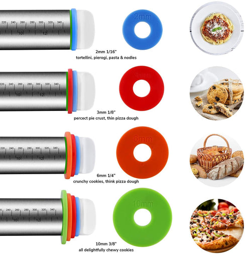 Rolling Pin with Thickness Rings and Pastry Mat for Baking Cookie Chapati Fondant Dough Pastry Pizza Pie Crust, Stainless Steel Roller Pin, Red Mat