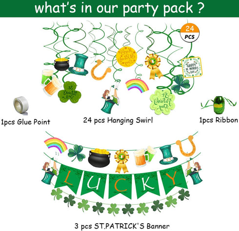 St Patricks Day Decorations, 64 Pcs Green Lucky Irish Party Supplies Accessories, Shamrock Balloon, Banner, Tissue Paper Pom Poms, Hanging Swirl, Paper Tassels