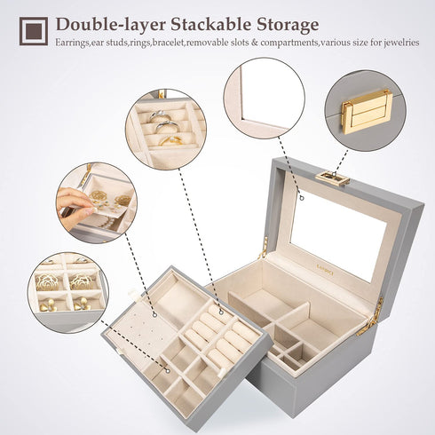 LANDICI Jewelry Box Organizer for Women Teen Girls, Large Jewelry Storage Case with Mirror and 2 Layer Removable Tray, Leather Jewellery Display Holder for Ring Necklace Earring Bracelets, Grey