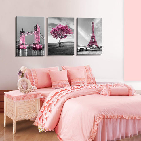 Decor for Bedroom for Girls Pink Paris Theme Room Decor Wall Art Canvas Black and White Art Eiffel Tower Pictures Decorations Tower Paris Eiffel Tower Painting Framed (16"x24"x3Panles)