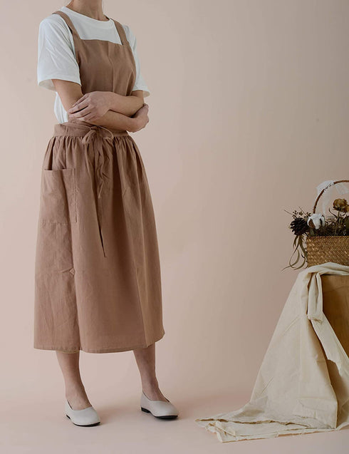 Cotton Linen Apron Japanese Style Waterproof Aprons With Pockets for Kitchen Cafe Flower Shop Smock (Light Brown)