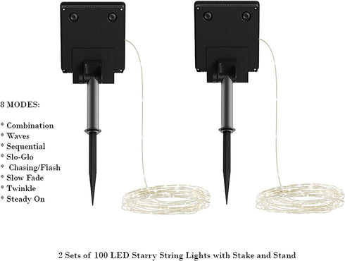 Pure Garden Warm White Outdoor Starry String Solar Powered Fairy 200 LED 8 Lighting Modes for Patio, Backyard, Events, 463.8"x 0.1"x 0.1"