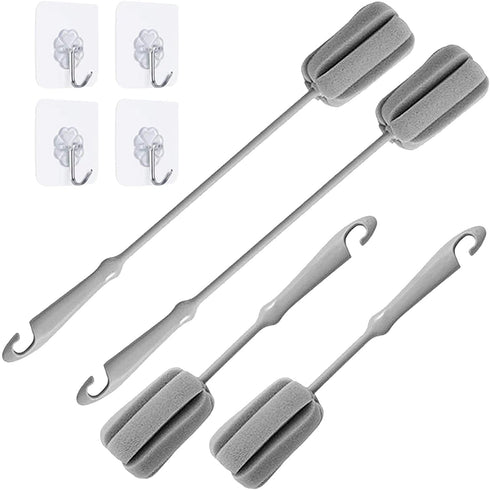 4 Pack Soft Sponge Bottle Cleaner Brush, Grey Plastic Handle Wine Glass Cup Brush Scrubber, Washing Brush Vase Bottle Pot Cleaning Brush with Traceless Hook, Long and Small Size 10€? 15€?