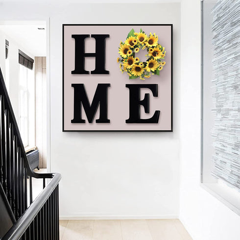 12 Inch Wood Home Letters with Sunflower Wreath for O, Wall Hanging Large Wooden Home Sign, Rustic Wall Decor for Living Room Kitchen Entryway, House Decorative Artificial Sunflower Wall Decoration