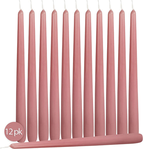 12 Pack Tall Taper Candles - 10 Inch Rose Pink Dripless, Unscented Dinner Candle - Paraffin Wax with Cotton Wicks - 8 Hour Burn Time