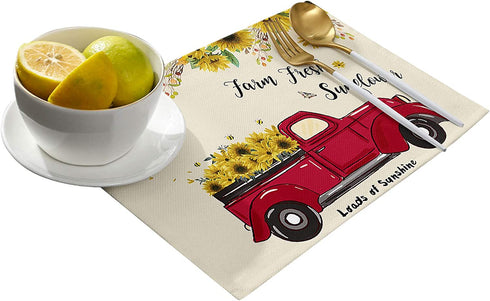 Harvest Farm Red Truck Full of Blooming Sunflowers Placemats - Set of 4 Washable Stain Resistant Kitchen Table Mats - Cotton Linen Woven Dining Table Mats - 12" x 18"