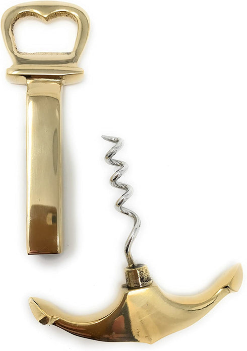 Madison Bay Company Polished Brass Ship's Anchor Corkscrew and Bottle Opener, 2 In 1 Bar Tool, 4.75 Inches Long