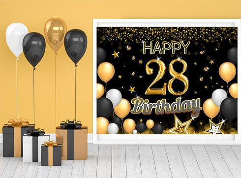 RBYOO 28th Gold Black Happy Birthday Backdrop for Girls Women Boy Men 7x5ft Photography Background Banner Birthday Party Decorations Photo Booth Props
