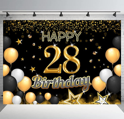 RBYOO 28th Gold Black Happy Birthday Backdrop for Girls Women Boy Men 7x5ft Photography Background Banner Birthday Party Decorations Photo Booth Props