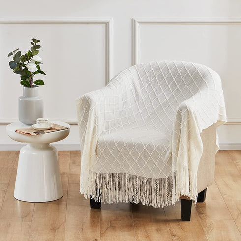 TOUCHAT Knitted Throw Blankets for Couch, Sofa and Bed, Lightweight Soft Knit Blanket with Tassel, Decorative Cozy Farmhouse Throw Blankets for Women and Man (50"x60", Cream White-D)