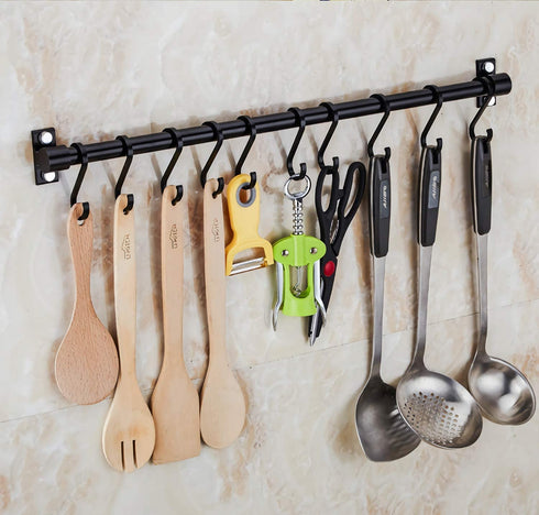 Gourmet Kitchen Utensil Rack with 6 Hooks, Wall Mounted Rail Wrought Iron Hanging Utensil Holder Rack with Removable S Hooks 16 Inch (Black-6 Hooks)