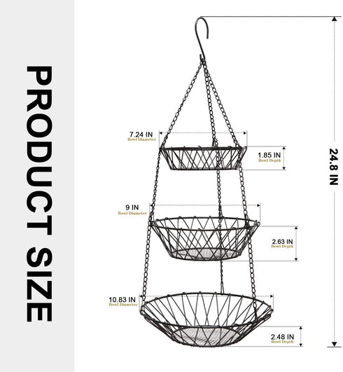 Hanging Fruit Basket 3 Tiers with Adjustable Wall Mount Ceiling Hanging Hooks, Vegetable Basket Space Saving, Rustic Country Style Kitchen Storage Baskets, Heavy Duty Wire Organizer - Black