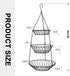 Hanging Fruit Basket 3 Tiers with Adjustable Wall Mount Ceiling Hanging Hooks, Vegetable Basket Space Saving, Rustic Country Style Kitchen Storage Baskets, Heavy Duty Wire Organizer - Black