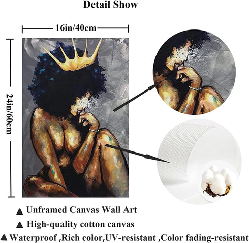 Black Women Canvas Wall Art African American Black Queen Women Wall Art Abstract Black Art Fashion Contemporary Artwork- Queen Think For Living Room Bedroom No Frame 16x24 Inch