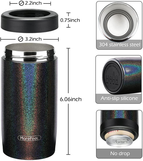 4-in-1 Skinny Can Cooler Double Wall Stainless Steel Insulated Can Holder,Can Coozie, Works With 12 Oz Slim Can,Standard Cans,Beer Bottles & As Pint Cups(Glitter Dark)