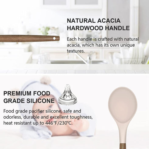 Silicone Kitchen Utensils Set, Deedro 7 Pieces Cooking Utensils Set Silicone Spatula Set with Natural Acacia Wooden Handle, High Heat Resistant Kitchen Gadgets Tools Set, Khaki