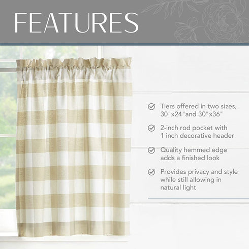 Elrene Home Fashions Farmhouse Living Buffalo-Check Tier Curtain Set for Bathroom or Kitchen Curtains, 30" x 24"(Set of 2 Tiers), Tan/White