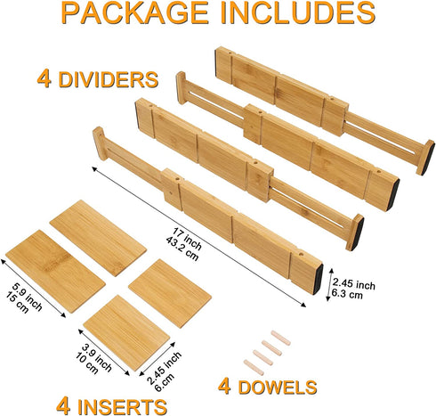 FULUSELEC Adjustable Drawer Dividers Bamboo Organizers with Insert, Expandable Utensil Holder Dresser Drawer Separators for Home, Office, Dressers and Bathroom - 13.25-17 inch