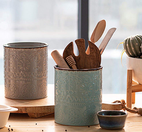 DOWAN Kitchen Utensil Holder, 7.2? Extra Large Farmhouse Utensil Holders for Countertop, Heavy Ceramic Utensil Crock, Anti Slip & Scratch Cork Bottom, Teal Utensil Organizer for Home Décor