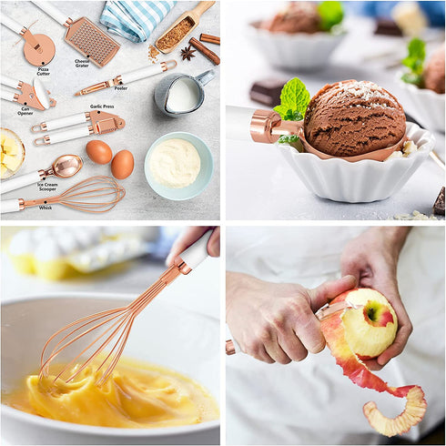 7 pieces Kitchen Gadget Set Copper Coated Stainless Steel Utensils, kitchen gadgets,utensil sets,Non-stic - Best Kitchen Cookware with Soft Touch White Handles (White)