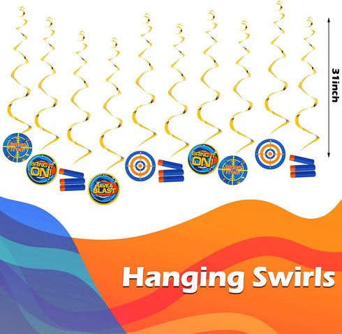 30 Pieces Dart War Happy Birthday Banner Decoration Dart Gun Party Paper Fans Honeycomb Centerpieces party Supplies 3D Dart War Table Decorations Hanging Swirls Latex Balloons for Birthday Party